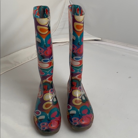 Coach Pixy Poppy multicolor rainbow C print logo rain boots size 6 - Picture 4 of 15